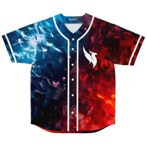 Blue-and-red split abstract swirl jersey with white emblem and buttons, front view for festivals