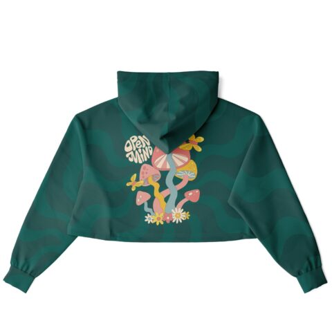 Cropped hoodie with colorful mushroom design, back view