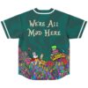 Teal abstract swirl jersey, neon psychedelic motifs and “We’re All Mad Here” text, back view