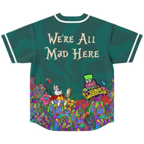 Teal abstract swirl jersey, neon psychedelic motifs and “We’re All Mad Here” text, back view