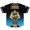 Black-to-bright-blue gradient with futuristic metallic festival face and gold event lettering, back view