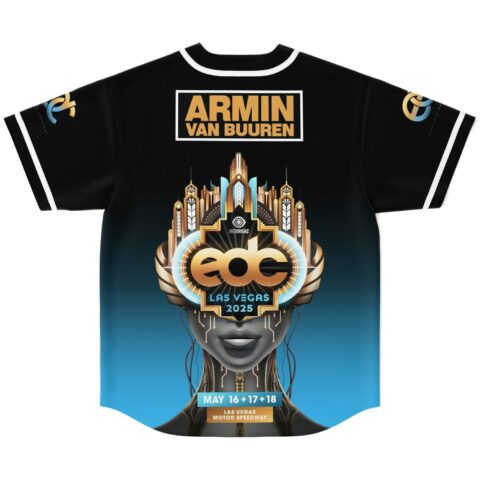 Black-to-bright-blue gradient with futuristic metallic festival face and gold event lettering, back view
