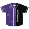 Purple floral paisley jersey front view, split black panel, white trim, vertical “ALOTOFAREOLA” lettering