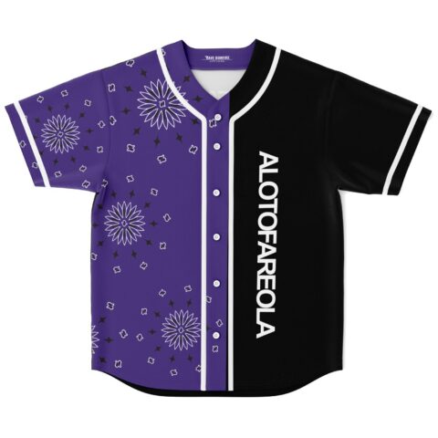 Purple floral paisley jersey front view, split black panel, white trim, vertical “ALOTOFAREOLA” lettering