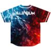 Blue-and-red split abstract swirl jersey with winged emblem and lettering, back view for festivals