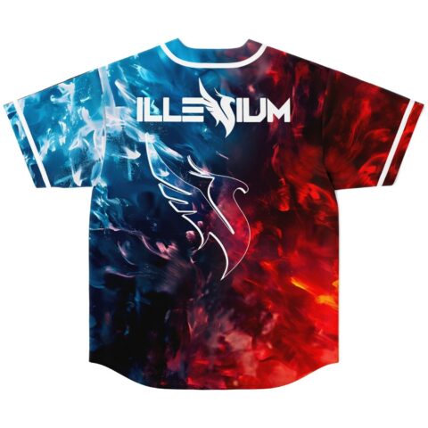 Blue-and-red split abstract swirl jersey with winged emblem and lettering, back view for festivals