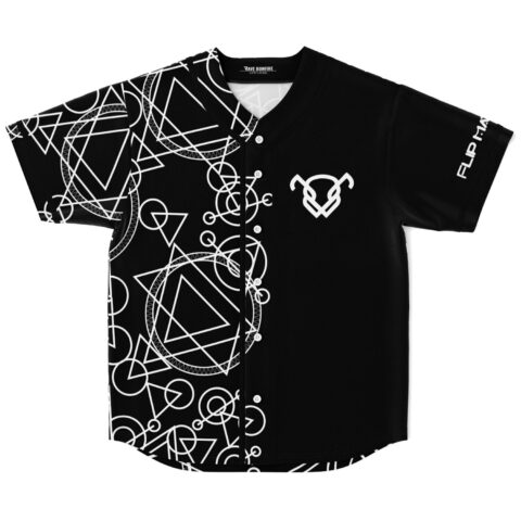 Front-view black jersey with scattered white geometric circles and triangles, button closure and chest emblem