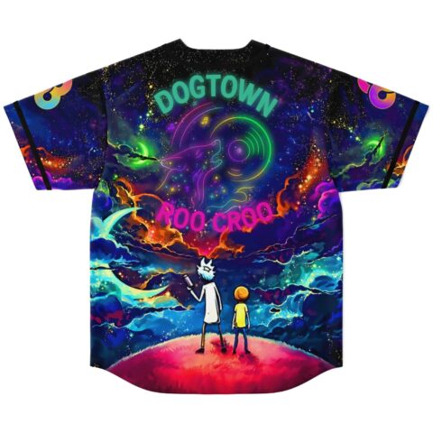 Back view reveals neon galaxy clouds, cartoon-style figures, and readable DOGTOWN and ROO CROO lettering