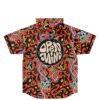 Psychedelic melting mushroom pattern on a red-orange jersey, back view with large OPEN MIND graphic