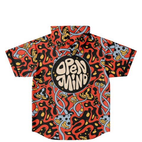 Psychedelic melting mushroom pattern on a red-orange jersey, back view with large OPEN MIND graphic