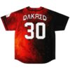 Fiery red-black dragon artwork back view featuring stylized DΛKЯΣD text and bold number 30