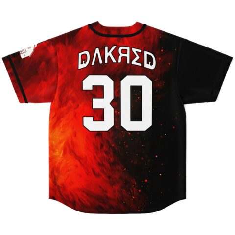 Fiery red-black dragon artwork back view featuring stylized DΛKЯΣD text and bold number 30