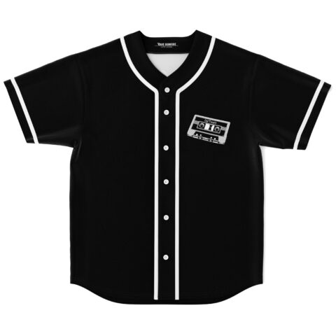 Retro CarTunes cassette tape graphic on chest, black shirt front with white piping and buttons