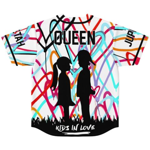 Multicolor graffiti scribble jersey back featuring QUEEN, two silhouettes, and KIDS IN LOVE text