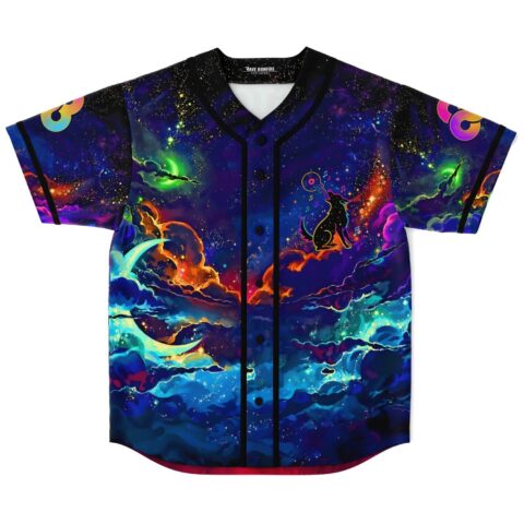 Front view of a neon galaxy swirl jersey with cosmic clouds and cartoon-style line art