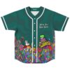 Teal abstract swirl jersey, neon psychedelic motifs and “We’re All Mad Here” text, front view