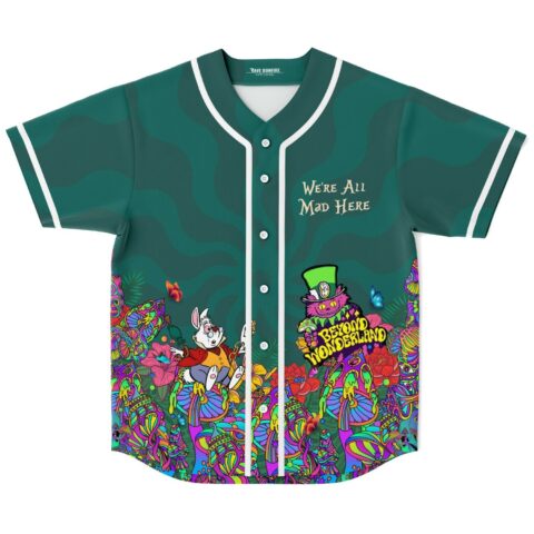 Teal abstract swirl jersey, neon psychedelic motifs and “We’re All Mad Here” text, front view