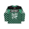 Green-and-black checkerboard back view featuring DESTROY text, white Japanese-style graphic, and BASS SLAYER logo