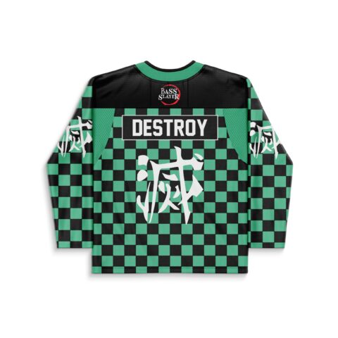 Green-and-black checkerboard back view featuring DESTROY text, white Japanese-style graphic, and BASS SLAYER logo
