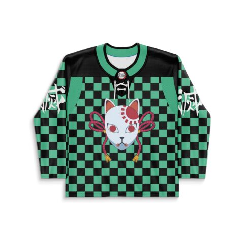 Anime-inspired fox mask over a green-and-black checkerboard pattern, front view with Japanese-style sleeve graphics