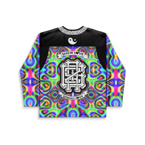 Rainbow kaleidoscopic mirrored pattern, back view with SHOW LOVE and SPREAD LOVE banners