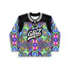Rainbow kaleidoscopic mirrored pattern on a black hockey jersey, front view with lace-up collar