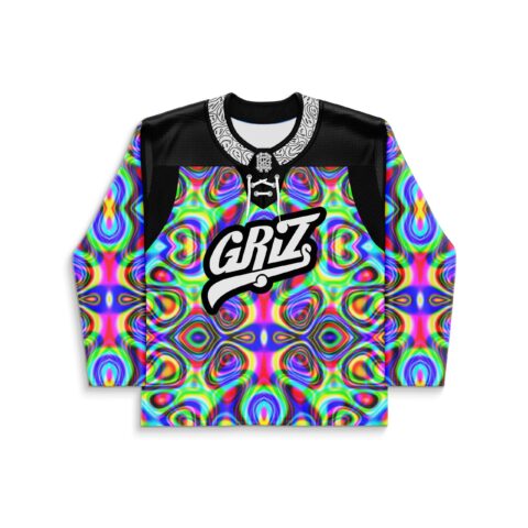 Rainbow kaleidoscopic mirrored pattern on a black hockey jersey, front view with lace-up collar