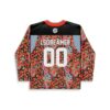 Psychedelic mushroom-and-squiggle print jersey back with white 00 and colorful festival sleeves
