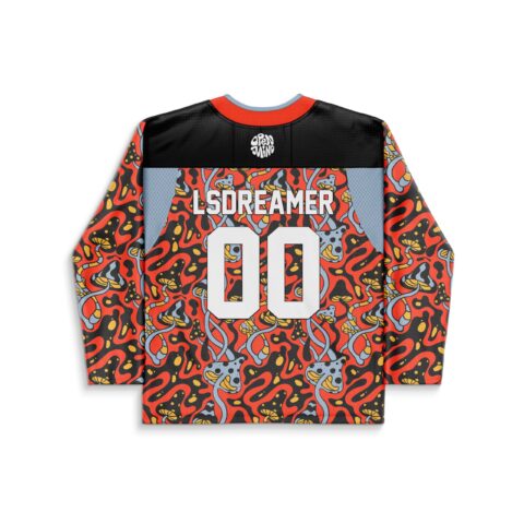 Psychedelic mushroom-and-squiggle print jersey back with white 00 and colorful festival sleeves