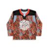 Front view of psychedelic mushroom-and-squiggle print jersey featuring “OPEN MIND” lettering for festival wear