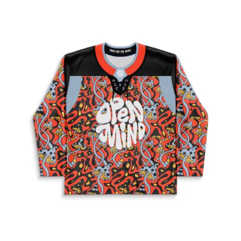 Front view of psychedelic mushroom-and-squiggle print jersey featuring “OPEN MIND” lettering for festival wear