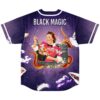 Retro collage jersey with “BLACK MAGIC,” woman, octopus, and radio on purple clouds, back view