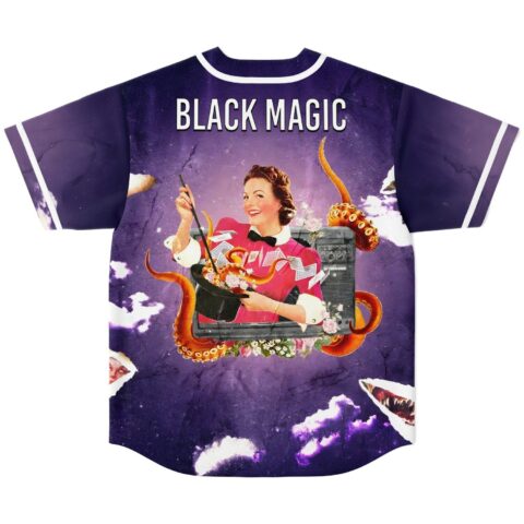 Retro collage jersey with “BLACK MAGIC,” woman, octopus, and radio on purple clouds, back view