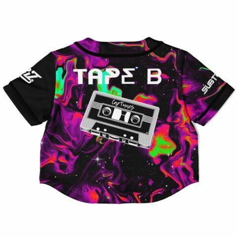 Cropped custom baseball jersey back featuring cassette design and text