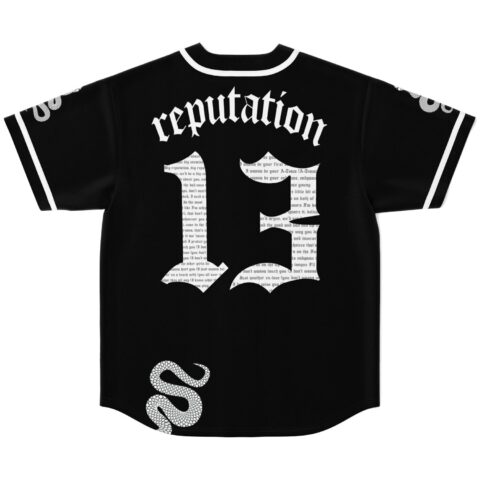 Black Old English rave jersey back view with “reputation,” newspaper-text 32, and patterned snakes