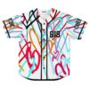 Multicolor graffiti scribble jersey front with bold 818 number and black piping, shown against white