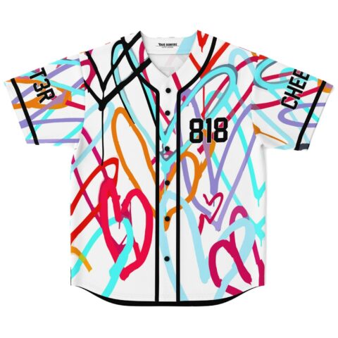 Multicolor graffiti scribble jersey front with bold 818 number and black piping, shown against white