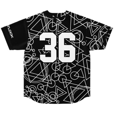 Black jersey featuring all-over white geometric circle and triangle pattern, back view with bold 36