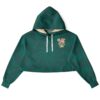 Cropped hoodie with stylized designs on green background, front view