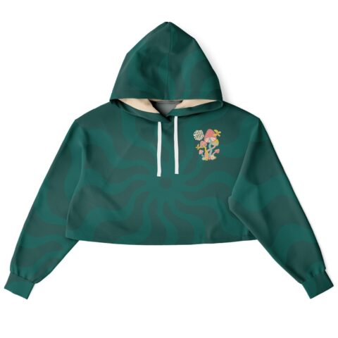 Cropped hoodie with stylized designs on green background, front view