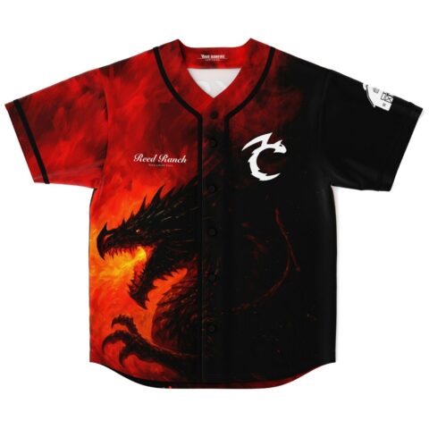 Dark dragon rave jersey front view with fiery artwork, dragon head, and Reed Ranch lettering