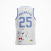 White basketball jersey with blue 25 and music-note cartoon print, back view