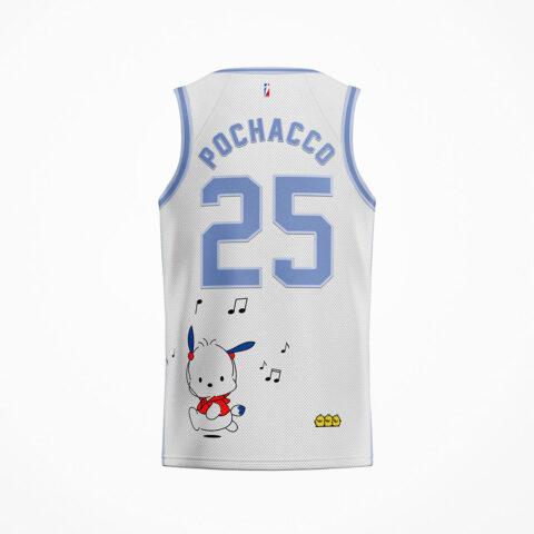 White basketball jersey with blue 25 and music-note cartoon print, back view