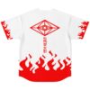 White jersey back with red flame pattern, geometric eye emblem, and vertical “七代目火影” text