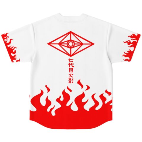 White jersey back with red flame pattern, geometric eye emblem, and vertical “七代目火影” text