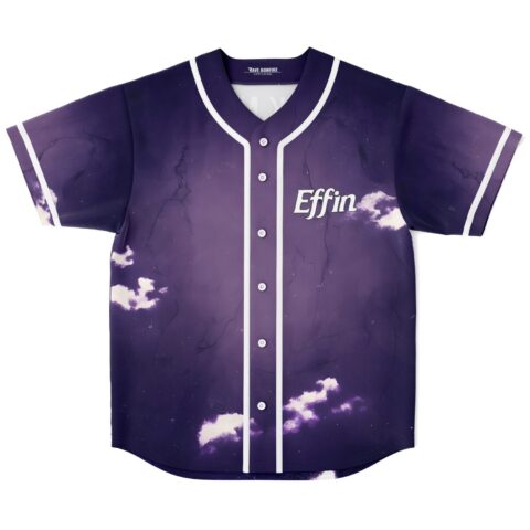 Purple cloud-pattern jersey with “Effin” lettering and white piping, front flat lay