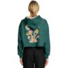 Model wearing cropped hoodie highlighting vibrant mushroom artwork, back view