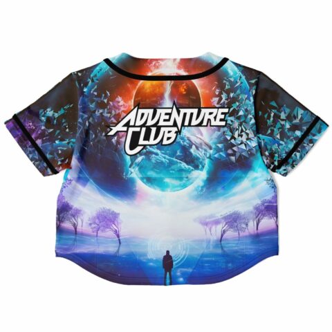 Cropped baseball jersey with vibrant cosmic and silhouette design, front view