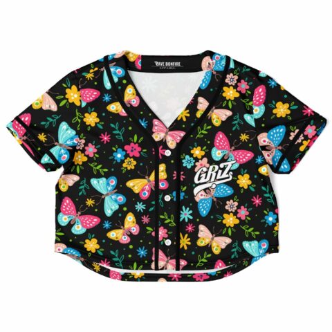 Cropped baseball jersey with colorful butterfly and floral pattern, front view