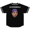 Black jersey back view with white trim, “ALOTOFAREOLA,” and stern portrait in purple patterned cap